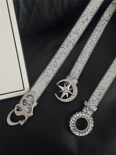 ins风银色腰带装饰按扣皮带女欧美时尚个性亮片牛仔裤带百搭配饰