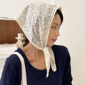饰蕾丝防晒头巾 外搭丝巾棉质护颈围巾装 春秋韩版 花边三角巾女夏季