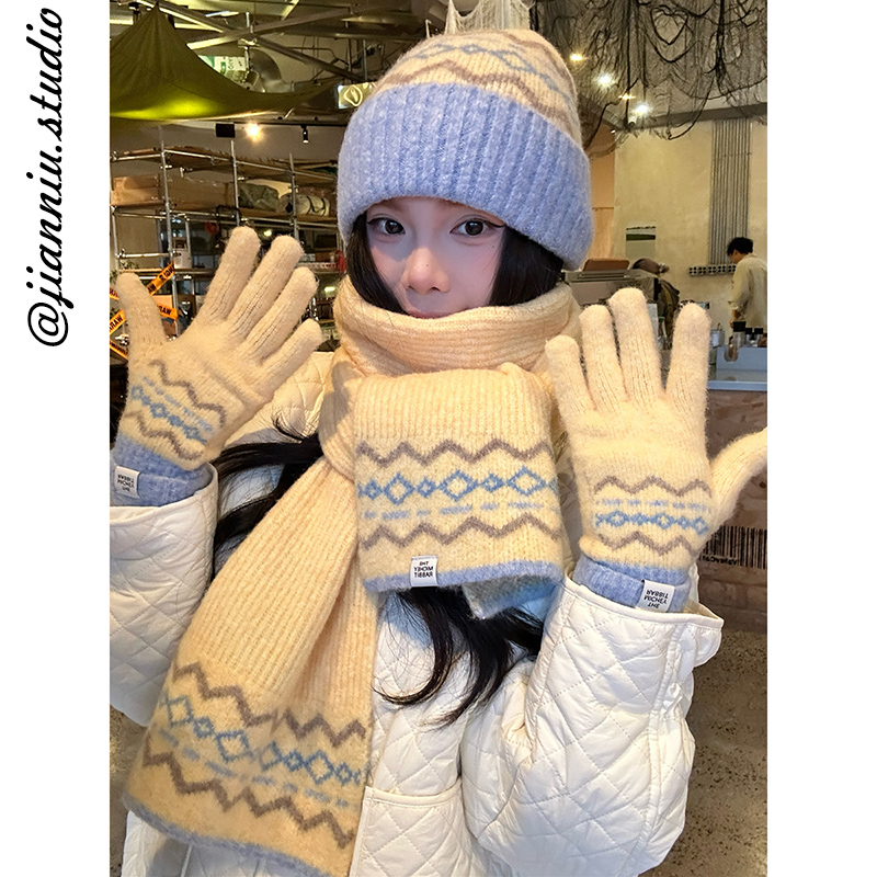 韩系高级感费尔岛提花针织围巾