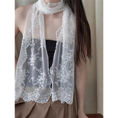 饰护颈薄款 百搭装 围巾 韩版 钉珠蕾丝刺绣小碎花长条丝巾女春夏新款