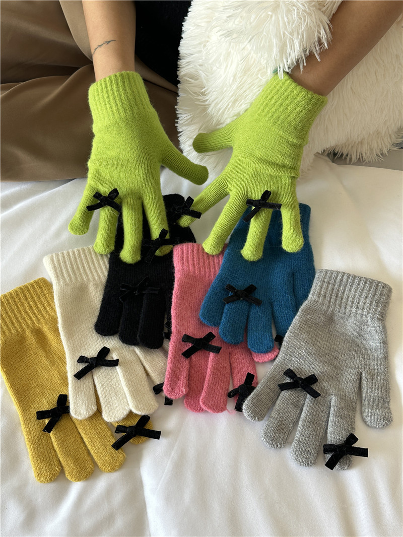 蝴蝶结手套女秋冬季甜美可爱保暖防寒毛线手套露指可触屏全指手套