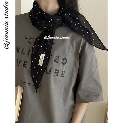 赫本风黑色波点棉质三角巾春夏新款装饰百搭丝巾系脖领巾包头发带