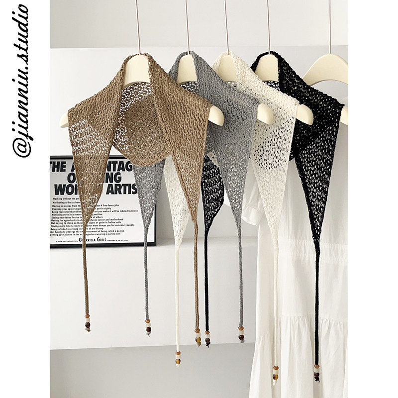 韩版时髦纯色串珠镂空绑带针织三角巾女春夏新款百搭装饰披肩屁帘