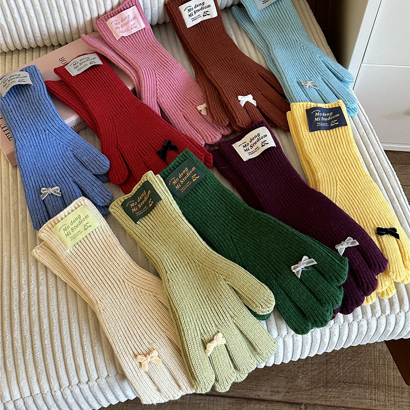 韩版ins风蝴蝶结针织手套女秋冬保暖防寒骑行可触屏五指毛线手套