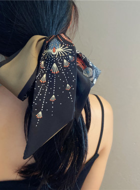 发带烟花丝巾头饰女多功能绑发森系超仙法式黑色复古飘带百搭丝带