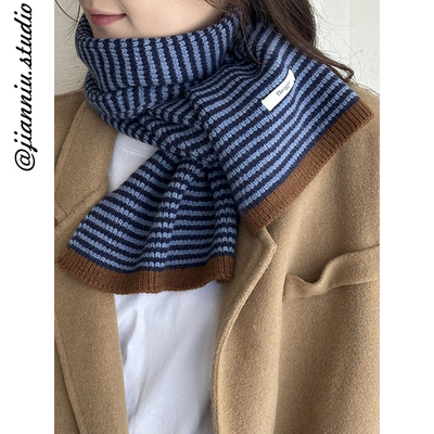 韩系简约风撞色细条纹围巾女秋冬百搭氛围感护颈针织毛线小围脖潮