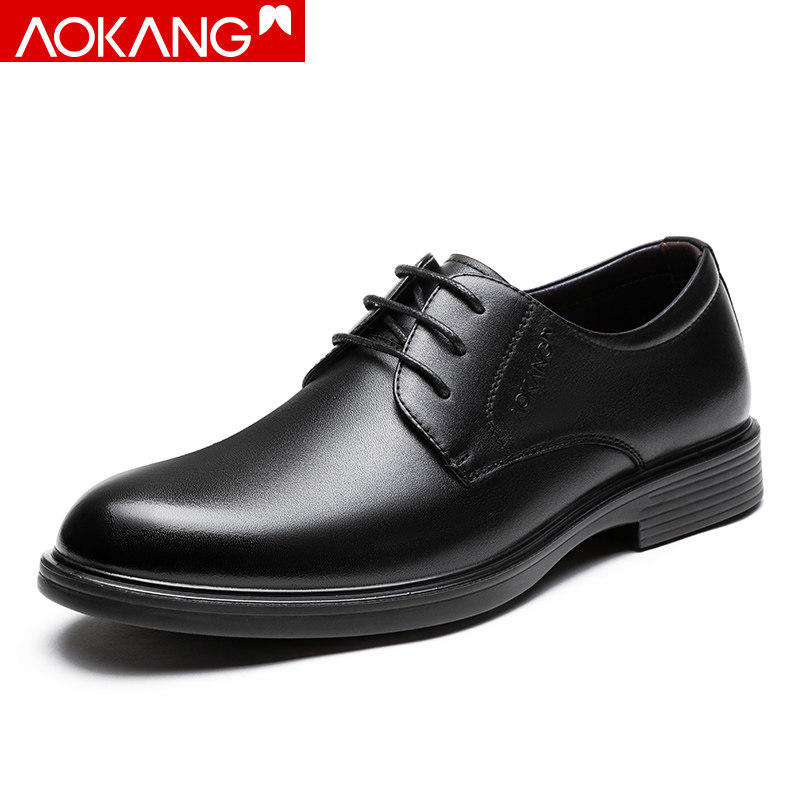 Aokang Men's Shoes Autumn New Business Formal Shoes First-Layer Cowhide Leather Shoes with Thin Straps British Derby Shoes for Office Work