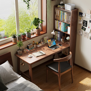 实木书桌带书架一体书房电脑桌带书柜家用卧室学生学习转角工作台