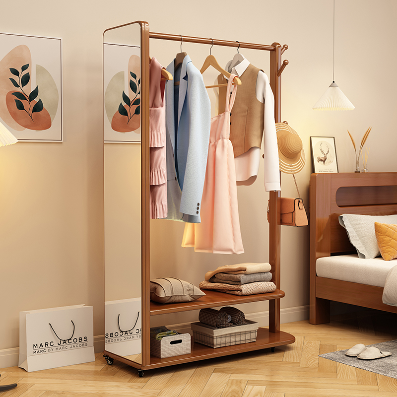可移动落地实木衣帽架穿身镜一体