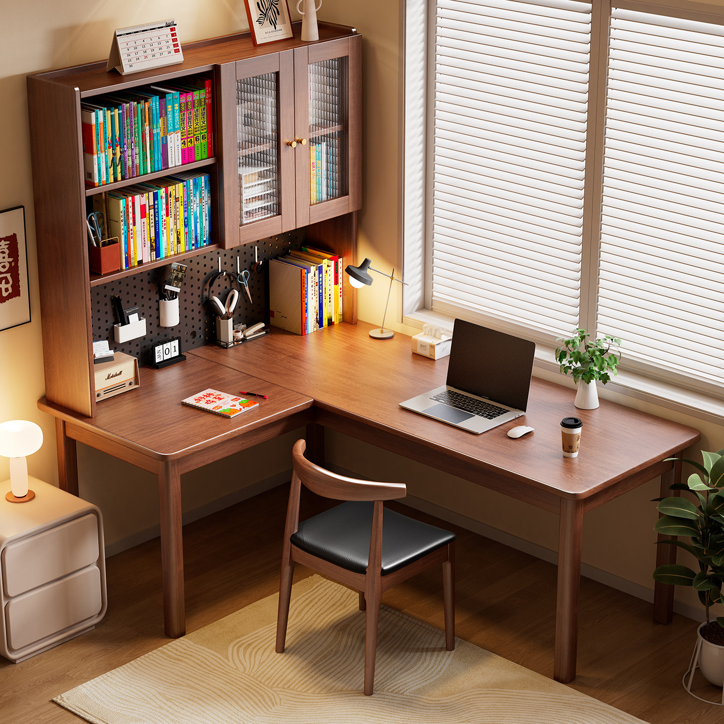 实木转角书桌家用卧室电脑桌书房工作台带书柜书架洞洞板一体靠墙,住宅家具,电脑桌,淘宝优惠券,粉丝福利购,淘宝优惠卷