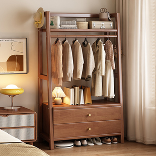卧室落地实木衣帽架带抽屉置物现代简约小户型衣架家用一体挂衣架