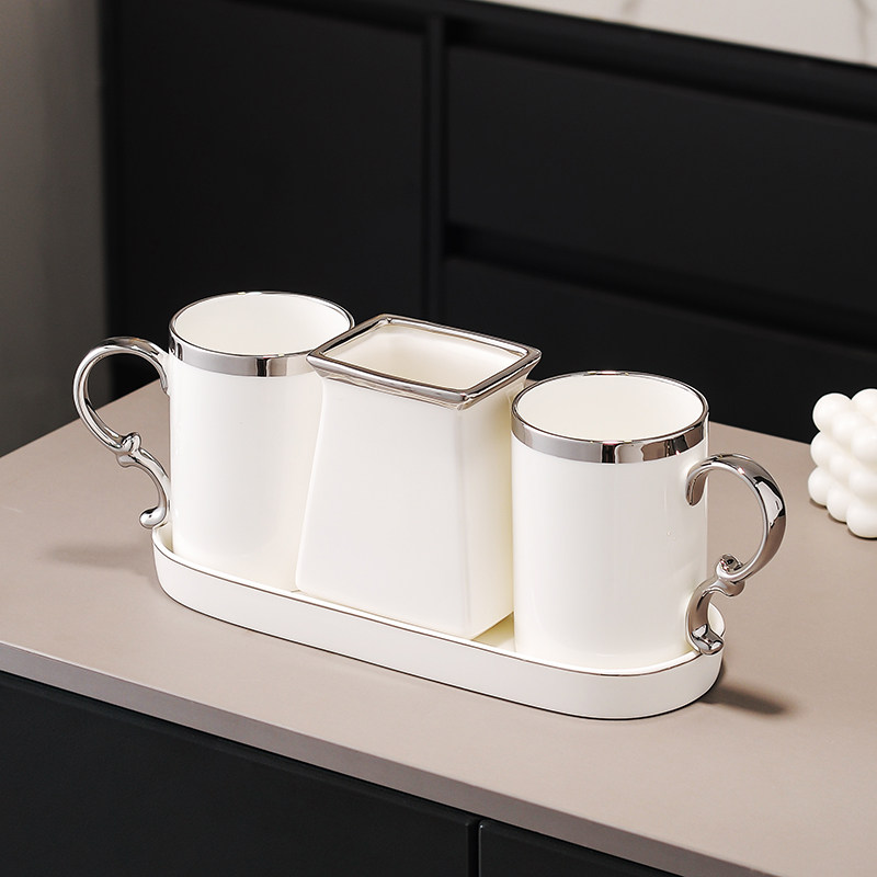 骨瓷轻奢漱口杯卫浴情侣牙杯托盘套装单人套装情侣两杯电动牙刷架