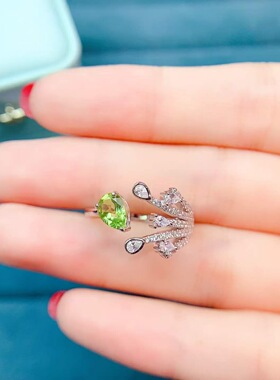 天然橄榄石戒指925银镶嵌开口女款轻奢小众设计感
