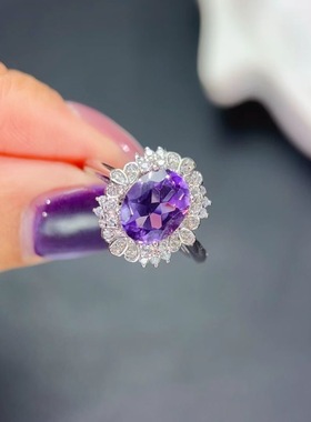 新款巴西紫晶戒指925银镶嵌女开口时尚轻奢饰品送女友新年礼物