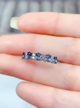 新款天然伦敦蓝托帕石戒指925银镶嵌女简约时尚饰品礼物送女友