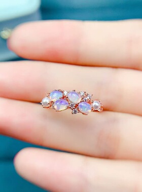 天然欧泊戒指925银镶嵌开口女日韩简约时尚饰品