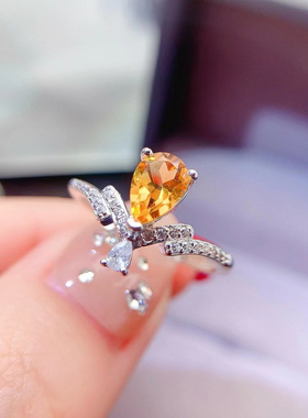 S925银豪华镶嵌天然黄水晶时尚新款百搭潮流女款活圈指环礼物饰品