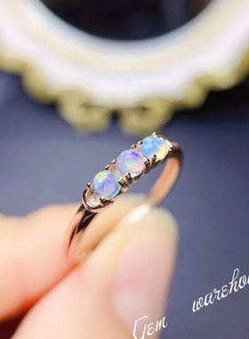 天然变彩欧泊戒指s925银精工镶嵌女简约轻奢小众指环韩款生日礼物