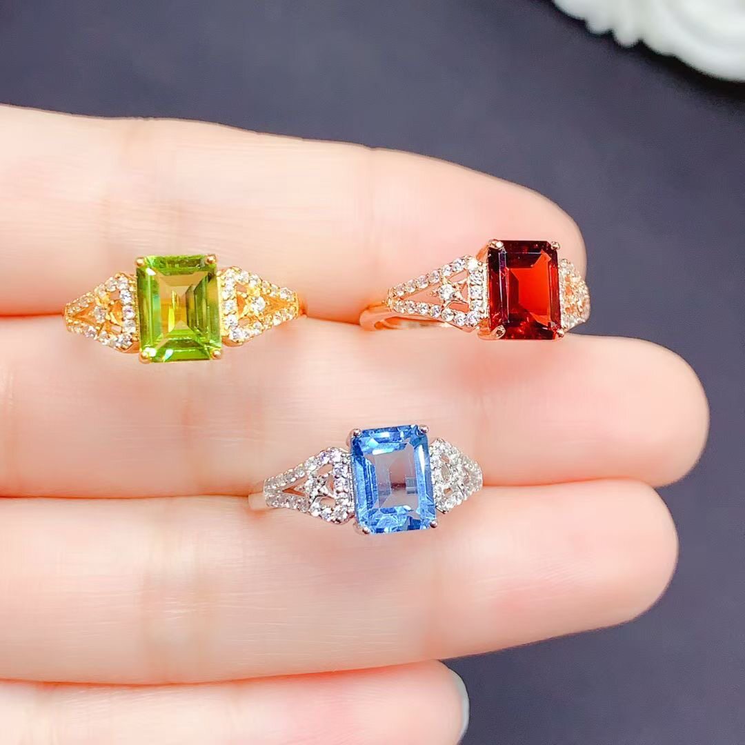 925银镶嵌橄榄石石榴石托帕石戒指女开口日韩时尚轻奢饰品礼物