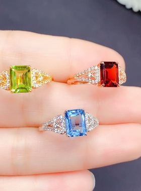 925银镶嵌橄榄石石榴石托帕石戒指女开口日韩时尚轻奢饰品礼物