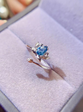 新款天然伦敦蓝托帕石戒指925银镶嵌女开口韩版女ins风莲花形指环