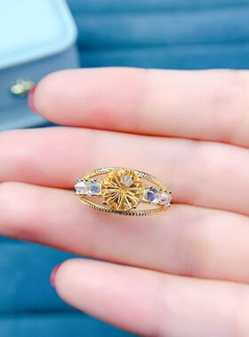 天然烟花切黄水晶戒指925银镶嵌开口女日韩简约时尚饰品