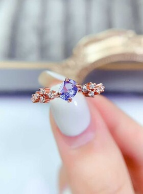 新款天然坦桑石戒指925银镶嵌女开口简约时尚饰品礼物送女友