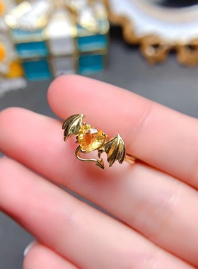 新品天然黄水晶戒指925银镶嵌女开口小恶魔指环女神节礼物送女友