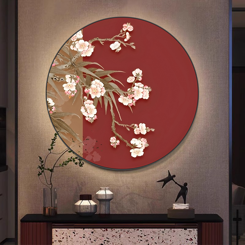 新中式道客厅过挂画花鸟玄禅意壁画新圆形走廊装饰画喜上眉梢花卉图片