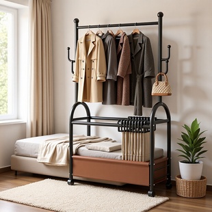 晾衣架落地家用室内可移动简易挂衣服架子多功能衣裤架一体衣帽架