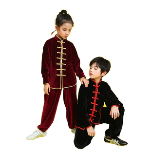 儿童武术衣服表演出太极服男女少儿长袖秋冬加厚金丝绒练功夫服装
