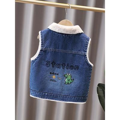 儿童加绒牛仔马甲秋冬装2025新款小恐龙洋气加厚男童坎肩背心外穿