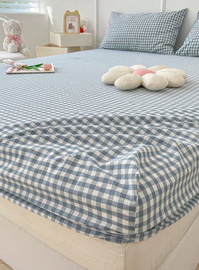 日式蓝色格子水洗棉床笠单件夏季薄款床罩床垫保护套防尘非全纯棉
