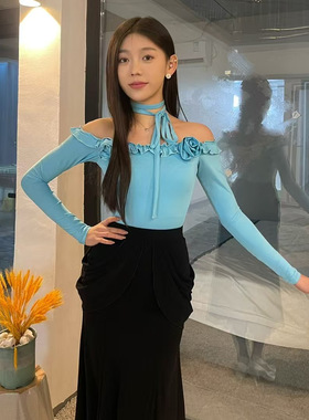 Sweet Dance一字肩花朵练功练习训练摩登舞服上衣蓝色胸垫底裤
