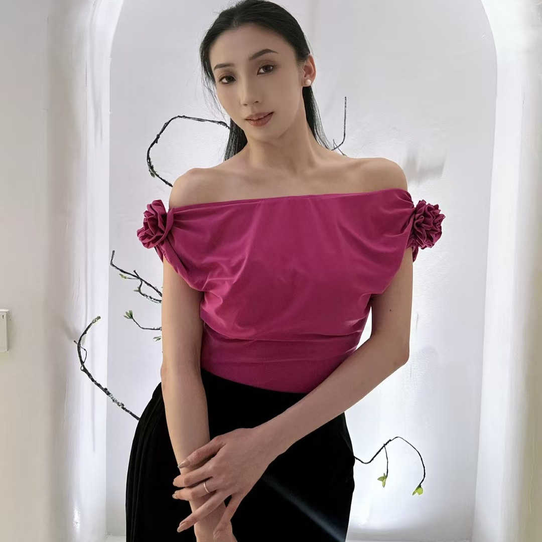 Sweet Dance一字肩上衣练功练习训练摩登舞服胸垫连体紫玫色绿色