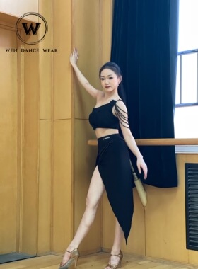 WENDANCEWEAR拉丁舞服黑色玫瑰串珠斜肩上衣胸垫底裤短裙套装练功