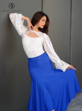 ASL国标摩登舞服练功练习表演比赛艺考服白色长袖上衣蓝色长裙套