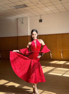 CLW国标舞服薄款短绒上衣珍珠摩登连衣裙袖子练习练功训练服红色