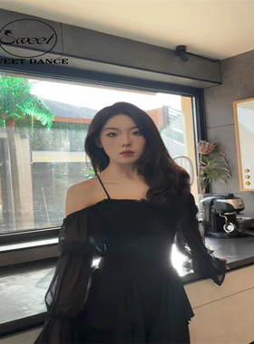 Sweet Dance摩登黑色吊带上衣喇叭长袖训练练习练功服蝴蝶结后背