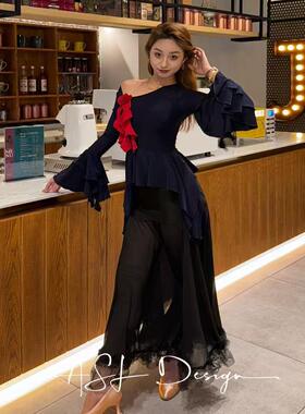 ASL摩登舞服斜肩喇叭长袖黑色上衣网纱蕾丝半身裙练功练习训练服