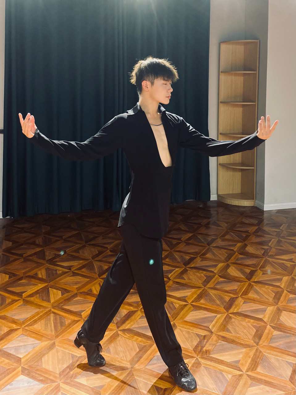 拉丁舞服6K衬衣长袖黑色练习服