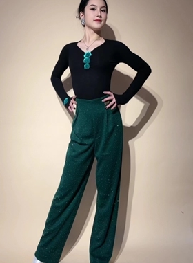 YRSS摩登舞服亮片丝绒裤进口亮片面料练习练功训练裤绿色色高腰女