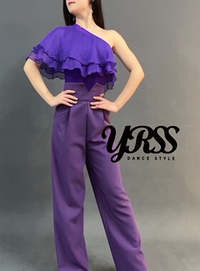 YRSS摩登舞服荷叶边斜肩连体胸垫练习练功训练服紫色高腰女裤