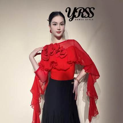 YRSS摩登舞服进口雪纺立体花上衣12片菱形质水晶麻半裙红黑白三色