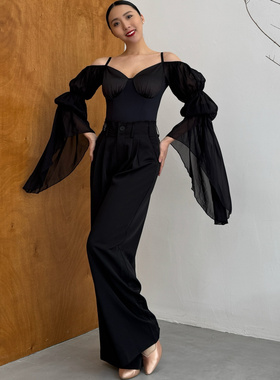 dillin迪林摩登练习练功训练舞服色丁大飘袖连体上衣黑色紫色