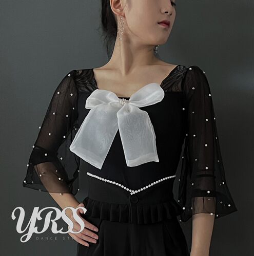 YRSS摩登舞服上衣国标连体带胸垫新款练习服练功服蝴蝶结黑白经典