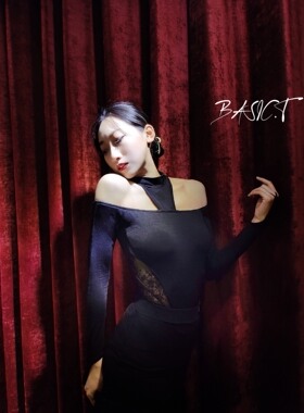 BASICT拉丁舞服露锁骨香肩黑色拼接长袖新款上衣显瘦带底裤胸垫秋