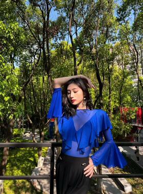 ASL国标摩登舞服上衣长袖领蕾丝网纱练功练习训练服胸垫成人蓝色