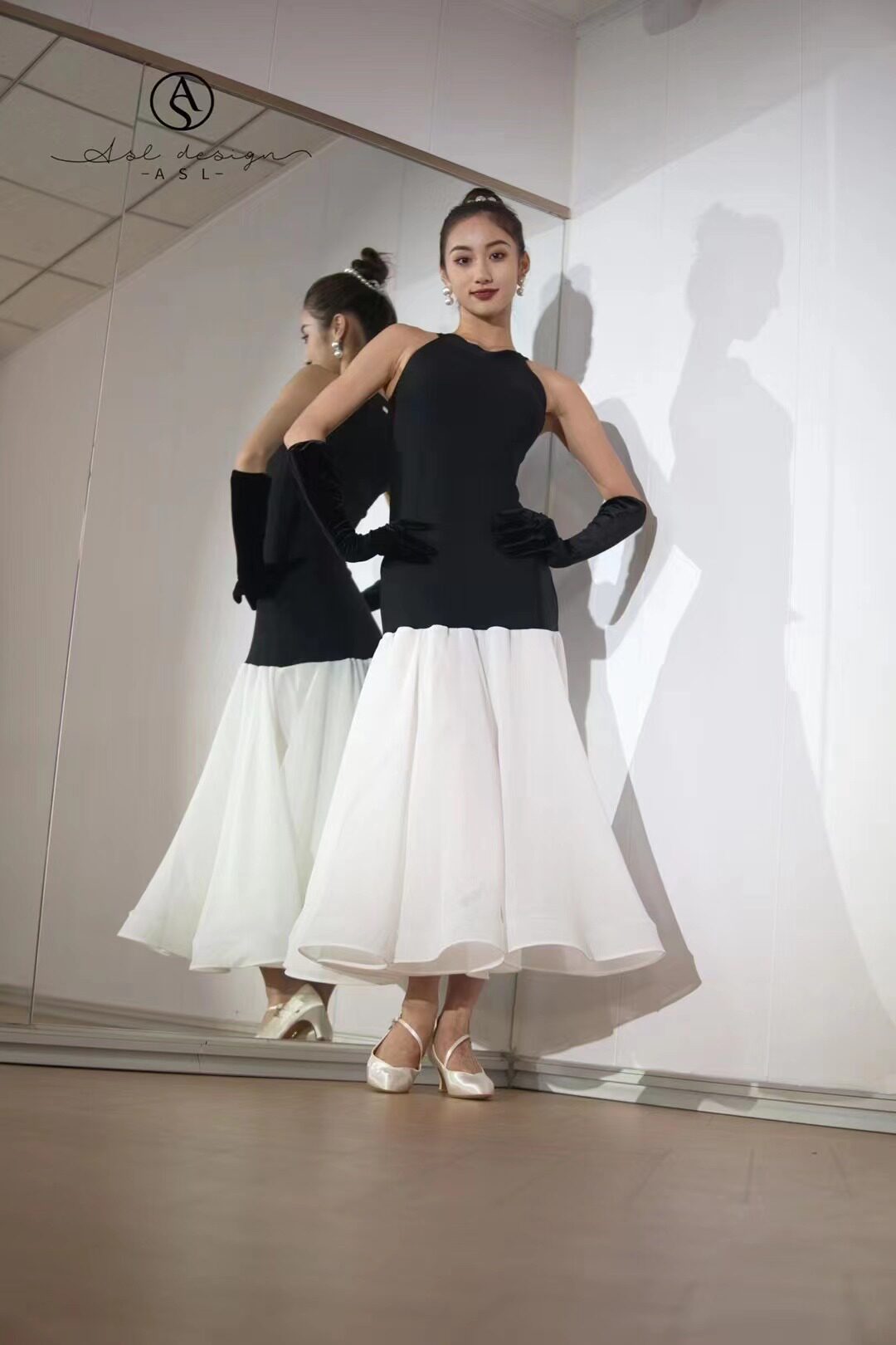 ASL国标摩登舞服练功练习表演服挂脖黑白手套胸垫底裤连衣裙成人