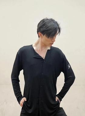 Clouds.X拉丁舞男士不规则排扣上衣黑色藏蓝色练习训练练功服长袖